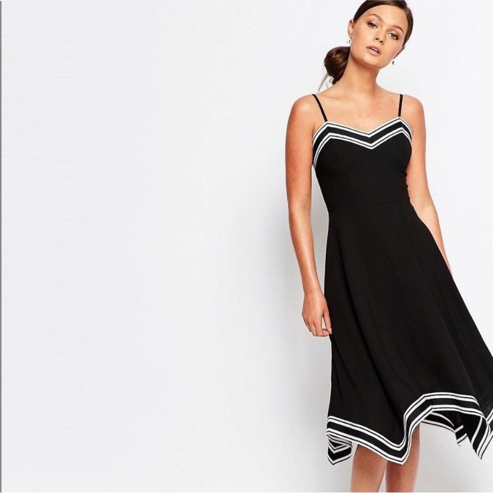 Ted Baker NWT Kahmen Black Strappy Midi asymmetrical Dress, White Trim, 3 (M)